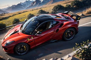 Rally car, (Ferrari), in the mountains, muddy, night time, (from side view), 