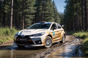 Toyota cars, Rally, in the forest, mud stained, front view, (masterpiece, best quality, extremely detailed), (realistic, photorealistic, high resolution) 