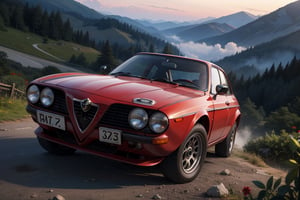 Rally car, (Alfa Romeo), in the mountains, misty, dawn, (from bottom view), 