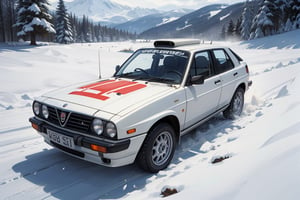 Rally car, (Lancia), in the valley, snowy, morning, (from bottom view), 