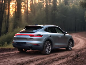 Realistic candid photo, hatchback car, brand Porsche, matte silver body, all-terrain-tire, in the forest, dirt road, evening, sunset, view from back,
