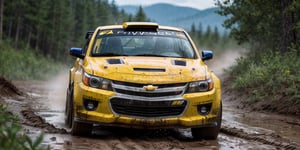 Rally car, (Chevrolet), in the wild, rainy, mud stained, front view, (masterpiece, best quality, extremely detailed), (realistic, photorealistic, high resolution) 