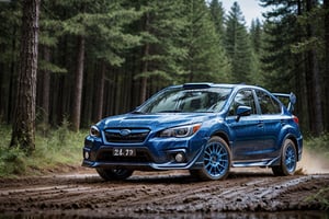 Rally cars, dark blue paint, (Subaru), in the woods, mud stained, front view, (masterpiece, best quality, extremely detailed), (realistic, photorealistic, high resolution) 