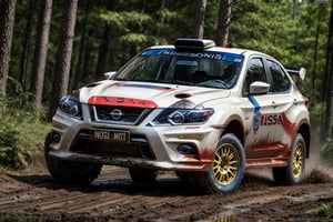 Rally cars, (Nissan), in the forest, mud stained, front view, (masterpiece, best quality, extremely detailed), (realistic, photorealistic, high resolution) 