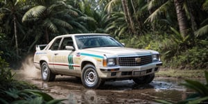 Rally car, (Cadillac), in the jungle, foggy, mud stained, front angle, (masterpiece, best quality, extremely detailed), (realistic, photorealistic, high resolution) 