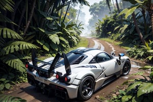 Rally car, (Pagani), in the jungle, muddy, night, (from back view), 