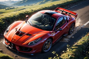 Rally car, (Ferrari), in the mountains, muddy, night time, (from above view), 