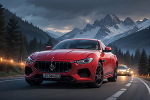 Rally car, (Maserati), in the mountains, misty, night, (from front view), 