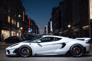 hyper cars, in the city, white paint, night, side view, (masterpiece, best quality, highly detailed) 