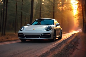 Realistic candid photo, hatchback car, brand Porsche, in the forest, dirt road, evening, sunset, view from front,