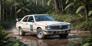 Rally car, (Cadillac), in the jungle, foggy, mud stained, front angle, (masterpiece, best quality, extremely detailed), (realistic, photorealistic, high resolution) 