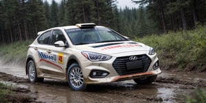 Rally car, (Hyundai), in the wild, rainy, mud stained, front view, (masterpiece, best quality, extremely detailed), (realistic, photorealistic, high resolution) 