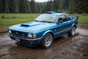 Rally cars, coupe, blue paint, (Ford), in the wild, rainy, dirt stained, front view, (masterpiece, best quality, extremely detailed), (realistic, photorealistic, high resolution) 