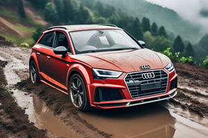 Rally car, hatchback, red body, (Audi), in the valley, dirt, mud, morning, rainy, (top view), (realistic, photo, photorealistic)