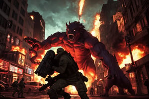 (POV) A screenshot from third person, a man soldier in the street, massive explosion on a monster, attacking a monster eating a pizza, soldier shooting on the body of the monster, showing character like a RPG videogame (from the angle), (city background), dark palette, sytle Bob Wakelin