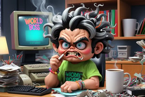 An illustration of a Garbage Pail Kids trading card featuring a quirky, exaggerated depiction of a male computer guy in an office setting, inspired by the 2005 series The Office but with a distinct 80s aesthetic. The character has a military haircut with black hair streaked with white, adding a touch of maturity to his comically exaggerated appearance. He sits at a cluttered desk overflowing with tangled cables, bulky 80s computer monitors, and coffee-stained paperwork. He holds a lit cigarette in one hand, with smoke curling up, and a white coffee mug that prominently reads 'World's Best Boss' in the other. A cluttered ashtray overflowing with cigarette butts sits on the desk. His expression is a mix of frustration and mania, with exaggerated features like large, tired eyes. The office background includes humorous details reminiscent of The Office, such as a stapler in Jello, sticky notes, and a chaotic stack of keyboards. The illustration is vibrant and exaggerated, with neon colors and geometric patterns typical of the 80s, capturing the iconic, slightly gross-out humor typical of Garbage Pail Kids while nodding to the setting and humor of The Office.