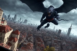 A screenshot from third person, a man at the top of a building, showing character like a RPG videogame (from the angle) attacking a monster eating a pizza, (city background), dark palette, (POV), sytle Bob Wakelin
