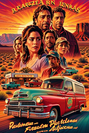 (poster:1.5) of a movie about a road trip through Arizona in a fast food truck by Javier Bardem and Jennifer in the 90s of "Monster of pizza" starrying Javier Bardem and Jennifer, movie poster page "Pizza" background poverty, vhs, lofi texture