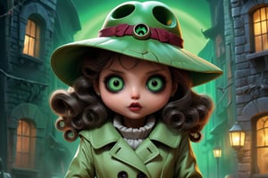 An illustration of a Garbage Pail Kids trading card featuring a quirky, exaggerated depiction of a sensual Italian brunette woman with green eyes as an Allied spy during World War II. The character, dressed in a sleek, vintage spy outfit, blends into the opulent yet dangerous world of espionage, with elements of 1940s style, such as a trench coat, fedora, and hidden weapons. She is on a covert mission to take down Nazi Germany, and the scene captures her in a tense, shadowy environment reminiscent of wartime Europe. The background hints at a Nazi-occupied city, with dark alleyways, dimly lit streets, and ominous Nazi symbols in the distance. Her expression is a mix of determination and cunning, with exaggerated features like large, expressive green eyes. The illustration blends the seriousness of the war setting with the exaggerated, slightly gross-out humor typical of Garbage Pail Kids, creating a unique and intense scene that captures both the high stakes of espionage and the playful absurdity of the trading card series, halloween