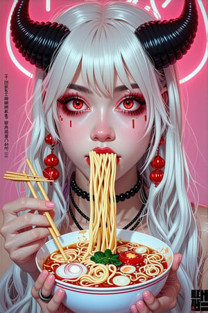 Retro_Magazine, japanese cover magazine from 80s,

noodles, chopsticks, ramen, neon lights, horns, 1girl, jewelry, red eyes, earrings, holding chopsticks, long hair, colored sclera, eating, oni horns, choker, white hair, food, pointy ears, holding, ear piercing, bowl, black sclera, looking at viewer, piercing, glowing eyes

detailed lines, edges, sharp, 4k, HQ, texture_grain, texture_plastic, oni, glowing, solo focus