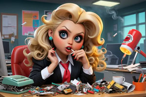 An illustration of a Garbage Pail Kids trading card featuring a quirky, exaggerated depiction of a sensual blonde woman with a pin-up style in an office setting, inspired by the 2005 series The Office but with a distinct 80s aesthetic. The character has voluminous blonde hair styled in classic pin-up waves, paired with bold red lipstick and a playful, retro outfit that enhances her exaggerated, over-the-top appearance. She sits at a cluttered desk overflowing with tangled cables, bulky 80s computer monitors, and coffee-stained paperwork. She holds a lit cigarette in one hand, with smoke curling up, and a white coffee mug that prominently reads 'World's Best Boss' in the other. A cluttered ashtray overflowing with cigarette butts sits on the desk. Her expression is a mix of frustration and mischievousness, with exaggerated features like large, expressive eyes. The office background includes humorous details reminiscent of The Office, such as a stapler in Jello, sticky notes, and a chaotic stack of keyboards. The illustration is vibrant and exaggerated, with neon colors and geometric patterns typical of the 80s, capturing the iconic, slightly gross-out humor typical of Garbage Pail Kids while nodding to the setting and humor of The Office