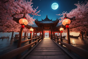 gate, small wooden boats, lanterns, flyingpeach blossom, moon, rim lighting, vibrant details, hyper-realistic, super detailed, super realistic, super fine detail depiction, high resolution, abstract beauty, stand, approaching perfection, pure form,  intricate details, 8k post production, high resolution, hyperdetailed, trending on artstation, sharp focus, intricate details, highly detailed, (cinematic, cinematic lightings, cinematic film color, perfect hand), high detail, high detail skin, real skin, 8k, high_resolution, high quality, (Flowers fall at doo, falling meteor, High detailed, Color magic mythical clouds, steam wind, High detailed ,Color magic, Saturated colors, Color saturation ,