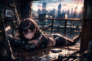 8k UHD, masterpiece, A female killer lying on her stomach on the top floor of a modern technology building, holding a sniper rifle and looking into the distance, sniper pose,