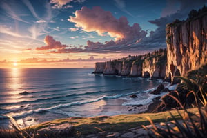 8k UHD, masterpiece, sunset, cliff edge, sitting looking out to sea, sea, grass, cloud