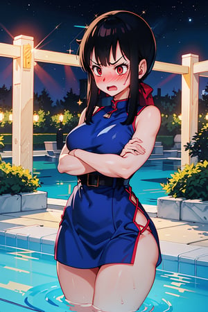 1 girls,_nisek,blue dress ,blushing sexy pose ,medium breast ,place water pool ,belts on neck, open mouth, round mouth,shy face, blushing , raised_arms  ,sidelocks, shy face ,side pose, visible thigh ,place flower garden,stars shining in the sky, galaxy,night, thicker thighs ,chi-chi,