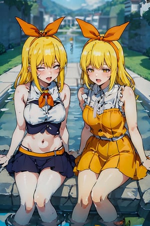 2 girls,same height,_nisekoi_orange  ,yellow eyes,yellow hair,clone girls,same to same girls,two girls ,mark on face both girls, blushing both girls, sexy pose , medium breast to both girls, place water pool,sitting in the water , yellow colour hair , belts on neck, open mouth,shy face, blushing ,arms behind head, 