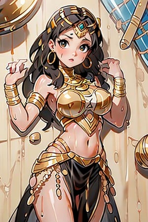 (masterpiece), (best quality),An Egyptian princess Cleopatra, white kalasiris,  Egyptian style, high_resolution, Egyptian style royalty,busty and sexy girl, 8k, masterpiece, ultra-realistic, best quality, high resolution, high definition,Shizuka Minamoto,wet body, oily body, shiney body, hourglass body shape, Bell button,more detailed skin , black eyes,Shizuka , lying 