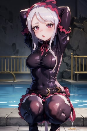 1 girls,_nisek ,blushing sexy pose ,medium breast ,place water pool, squatting ,belts on neck, open mouth,shy face, blushing , arms behind head, arms behind head  ,shalltear bloodfallen,cute round face ,sidelocks, shy face 