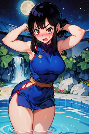 1 girls,_nisek,blue dress ,blushing sexy pose ,medium breast ,place water pool ,belts on neck, open mouth, round mouth,shy face, blushing , arms behind head, arms behind head  ,sidelocks, shy face ,side pose, visible thigh ,place flower garden,stars shining in the sky, galaxy,night, thicker thighs ,chi-chi