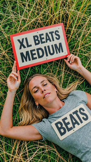Photo of woman lying on the grass with a sign that says "XL beats Medium"