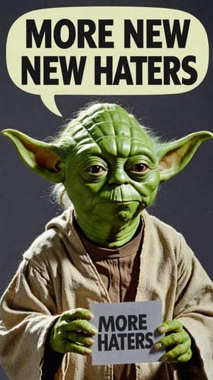 Photo of Yoda with text bubble that says "more new haters"