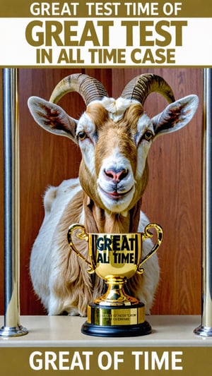 Photo of gold goat in trophy case with text bubble that says "great test of all time"