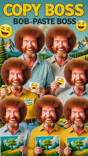 Photo of emoji Bob Ross clones painting clones with text that says "copy paste clone BOSS" 