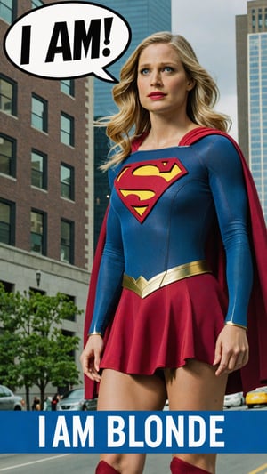 Photo of Supergirl in city with text bubble that says "I am blonde"