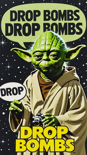 Photo of Yoda with text bubble that says "drop bombs" 