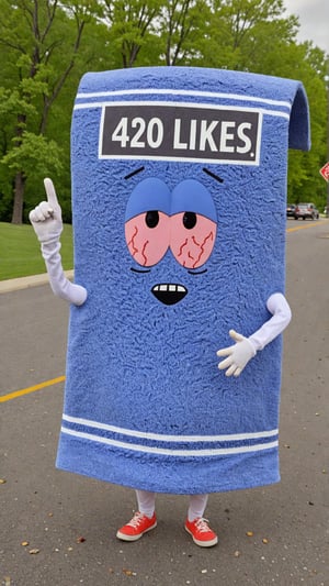 Photo of Towelie at park yelling at cellphone with a sign that says "420 LIKES!" 