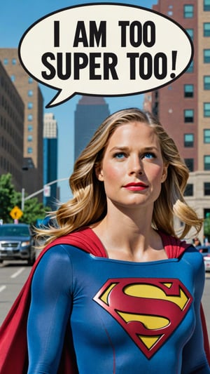 Photo of Supergirl in city with text bubble that says "I am super too"