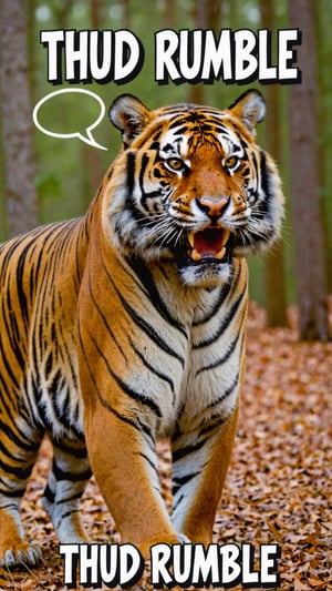 Photo of angry tiger in woods with text bubble that says "thud rumble"