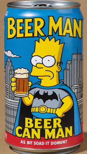 Photo of Bart Simpson as batman in beer can with text that says "Beer man Bart can"