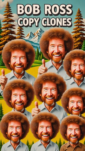 Photo of Bob Ross emoji clones painting emoji clones with text that says "copy paste clones" 