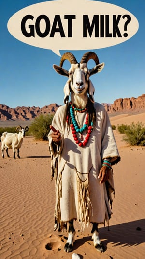 Photo of holy goat man shaman in desert with text bubble that says "goat milk?"