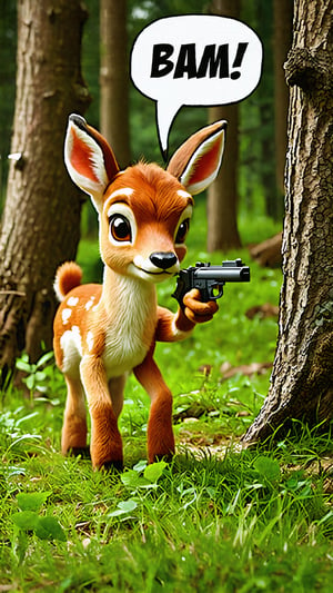 Photo of Bambi shooting a gun in forest with a text bubble that says "Bam!"