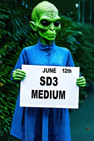 Photo of celebrating alien holding a sign that says "June 12th SD3 Medium download!"