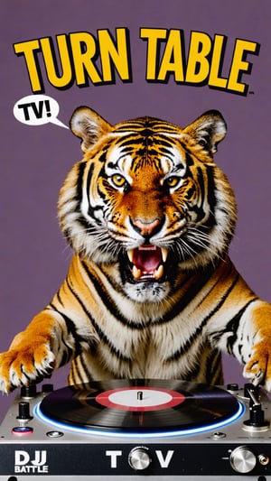 Photo of angry tiger in dj battle with text bubble that says "turn table tv"