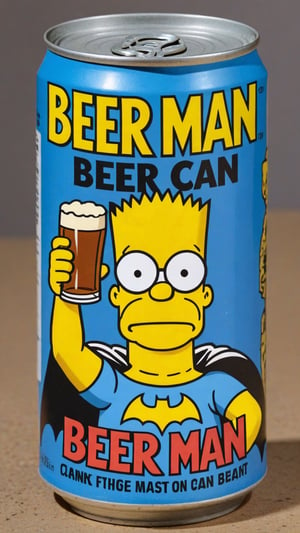 Photo of Bart Simpson as Batman in beer can with text that says "Beer man Bart can"