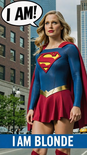 Photo of Supergirl in city with text bubble that says "I am blonde"